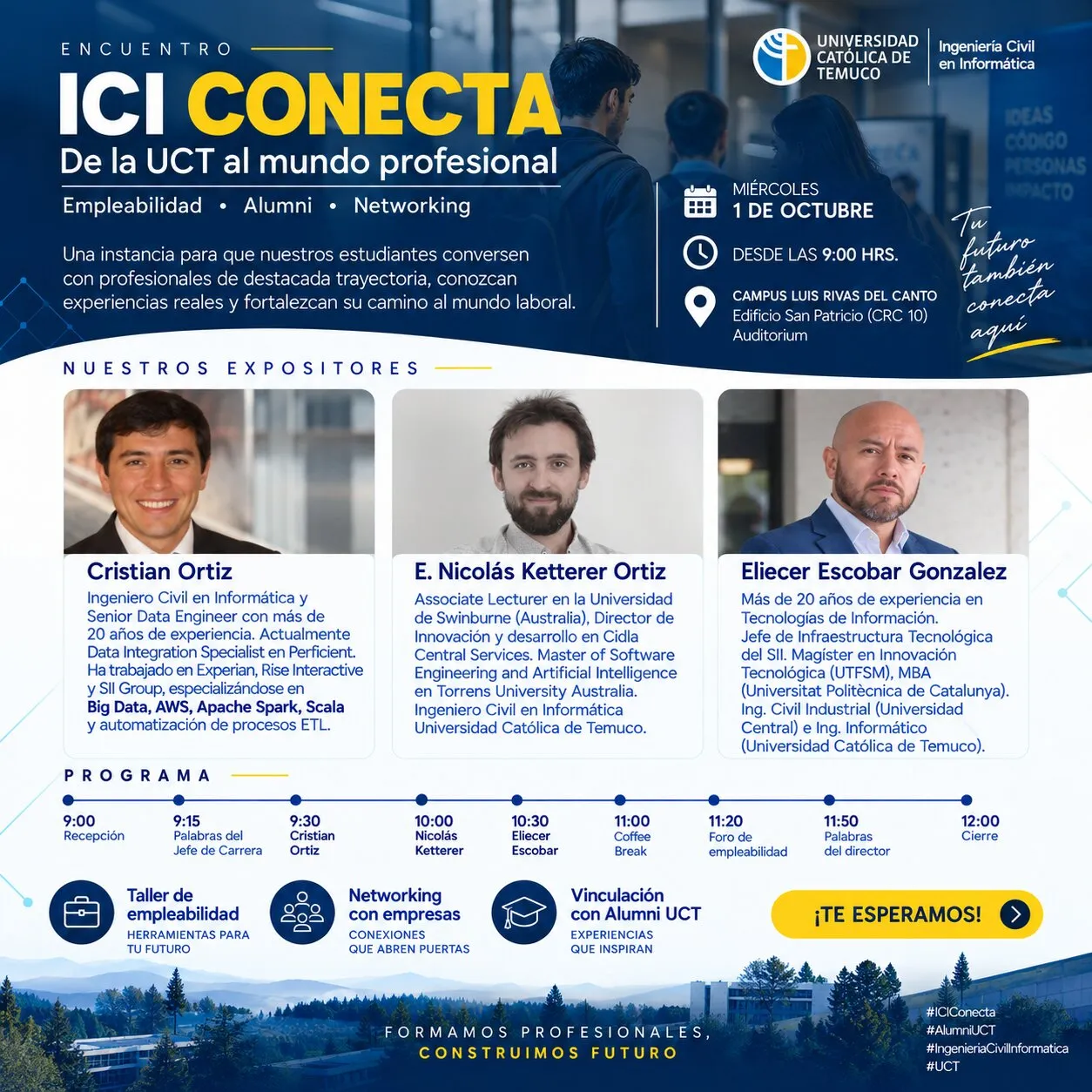 Expositores y organizadores de ICI Conecta en el escenario; Nicolás Ketterer aparece en la pantalla.