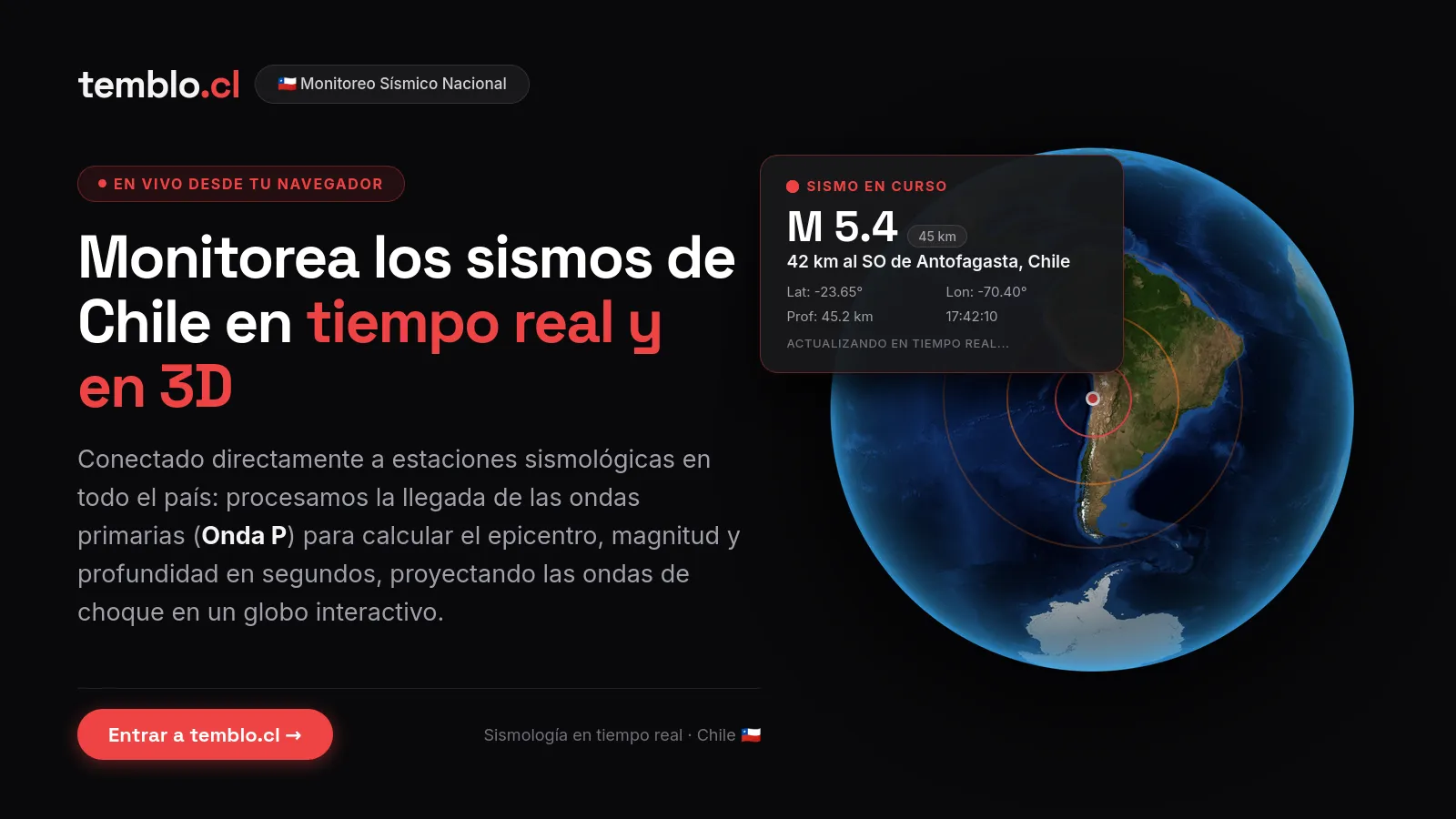 Portada de temblo.cl con un globo terráqueo que marca un sismo en curso en el norte de Chile